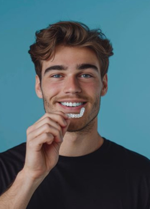 Handsome man holding Invisalign aligner
